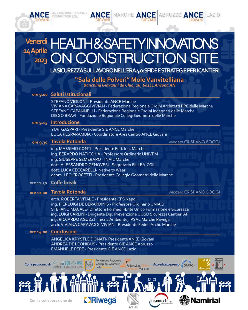 Il 14 aprile saremo ad Ancona per il nostro Consiglio Nazionale e per i lavori del Convegno “Health &amp; Safety Innovations on Construction Site” che si terrà presso la Mole Vanvitelliana a partire dalle ore 09:00. Per info ed adesioni: giovani@ance.it - forms.gle/mPd1LAUDfe1txX…