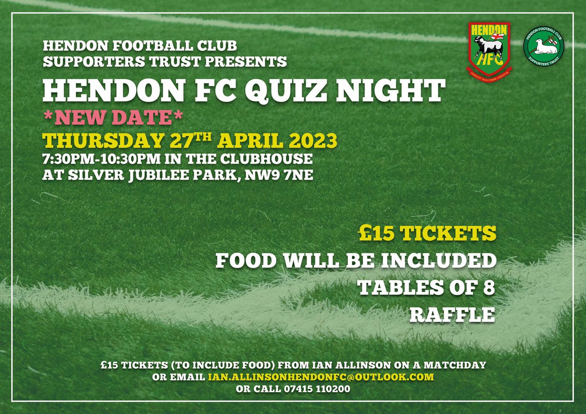 🗣️| NEW DATE !!! 

The new date for our quiz night @HendonFC due to @EdgwareFC having to play a league fixture now on this date