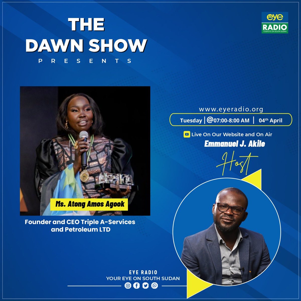 Tune in to learn about her recent award in oil and gas category in Forty Under Forty Awards Africa 2023. She will be talking about business, entrepreneurship and women empowerment and much more. ⁦<a href="/AtongAmos90/">Atong Amos</a>⁩ ⁦<a href="/Nyachangkuoth1/">Nyachangkuoth Tai</a>⁩ 
#SSOT ⁦<a href="/EyeRadioJuba/">Eye Radio</a>⁩