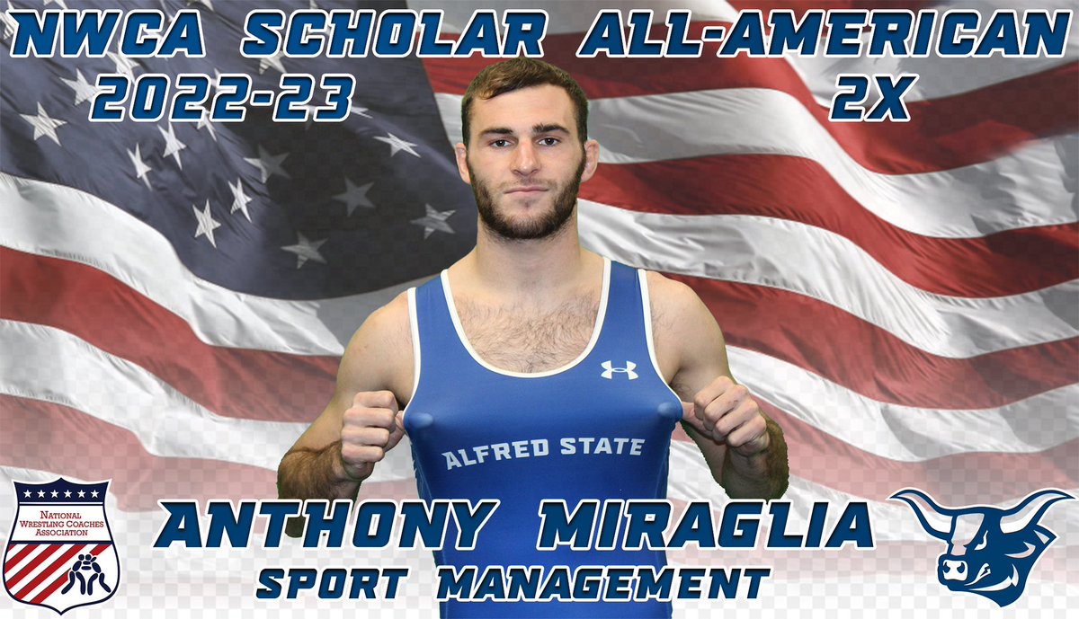 AlfredWrestling's tweet photo. Anthony Miraglia 2X NWCA Scholar All-American! For the second time in his career Captain Miraglia has earned the nations top academic honor for a wrestling student-athlete and is one of six Alfred State wrestlers to earn this prestigious honor this year! Congrats Anthony! #oxgang https://t.co/n1LLYrFye2