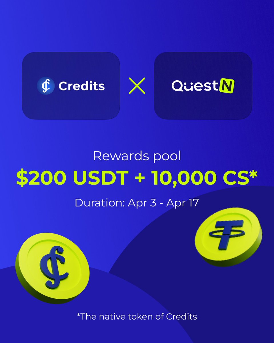 creditscom's tweet photo. Are you ready?👀 New campaign!🥳
@creditscom ❎ @QuestN_com 

Rewards Pool:
$200 in $USDT and 10,000 in $CS for 10 lucky winners! 🚀

⏰Duration: Apr 3 - Apr 17

Hurry up and join now!
https://t.co/ciR0fPIj0F

#QuestN #Giveaways https://t.co/dOrcpggJSD