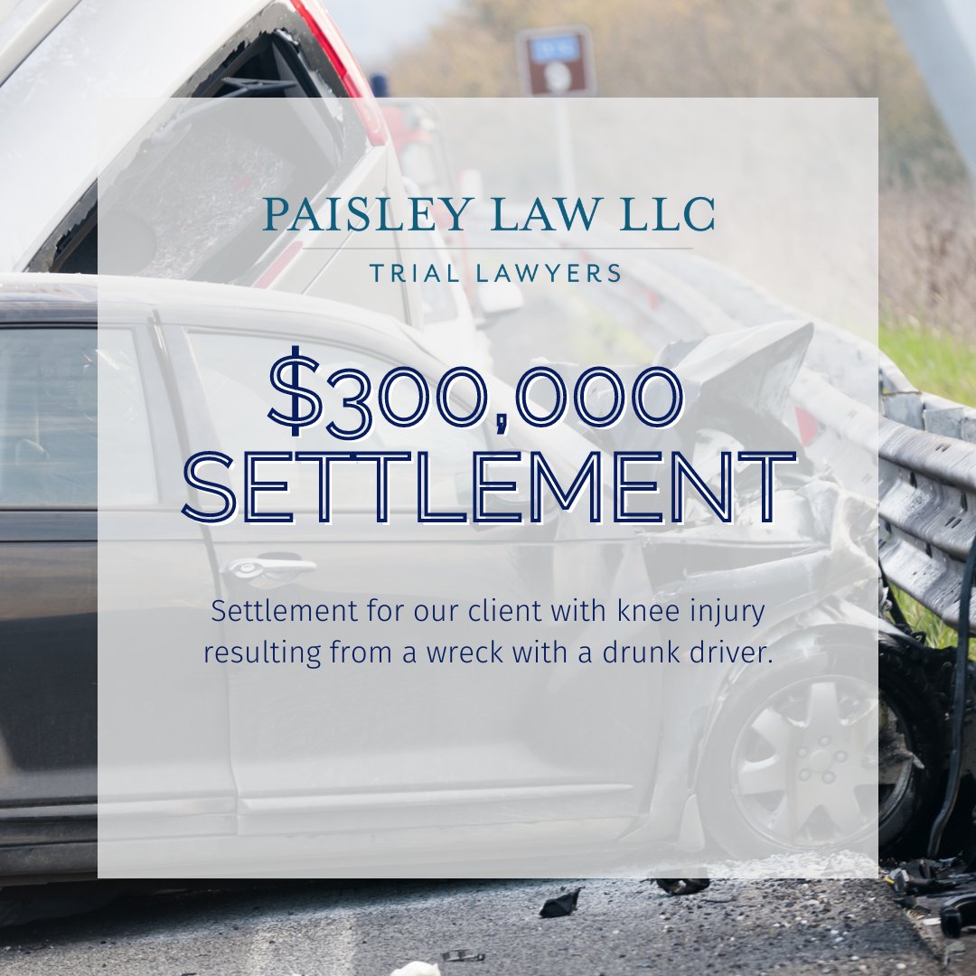 Another win for our firm! Our client received a $300,000 settlement from a DUI accident resulting in a knee injury.

bit.ly/3dmqATs  #PaisleyLaw #DUI #AtlantaLawyer #AutoAccident