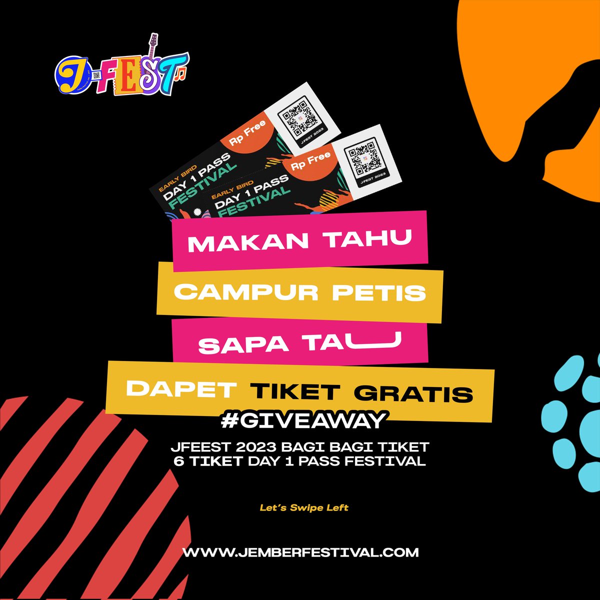 jemberfestival's tweet photo. 🎉 GIVEAWAY TIKET KONSER 🎉
Giveaway 6 Tiket JFEST 2023
DAY 1 PASS Festival
Buruan cek dan ikut giveaway-nya di feeds Instagram @/jemberfestival yak! https://t.co/UQrfDFiXcs