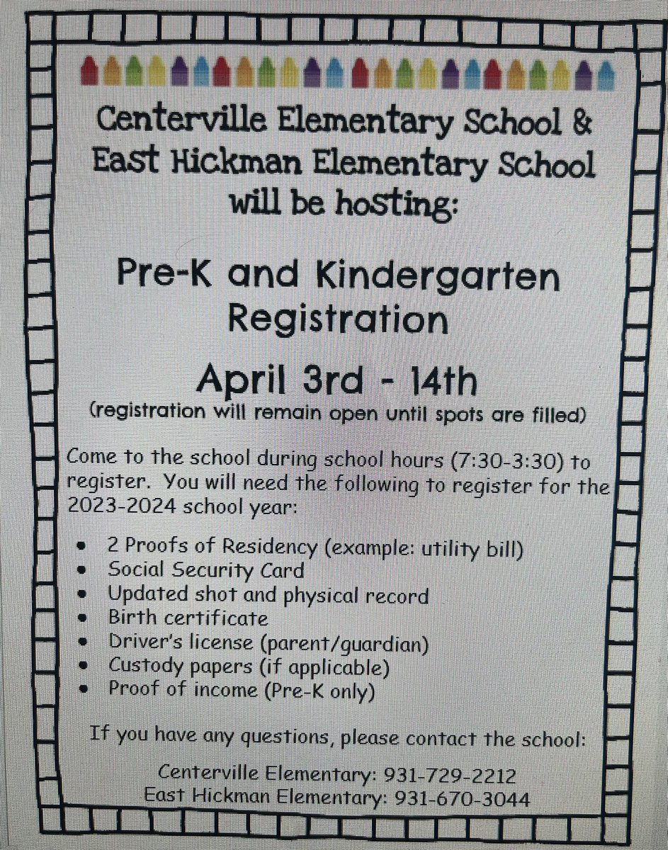 Pre-K and Kindergarten registration opens today for the 23-24 school year. Please contact our elementary schools for more information! #hcbest4kids 📚✂️✏️😊 🖍️🛝