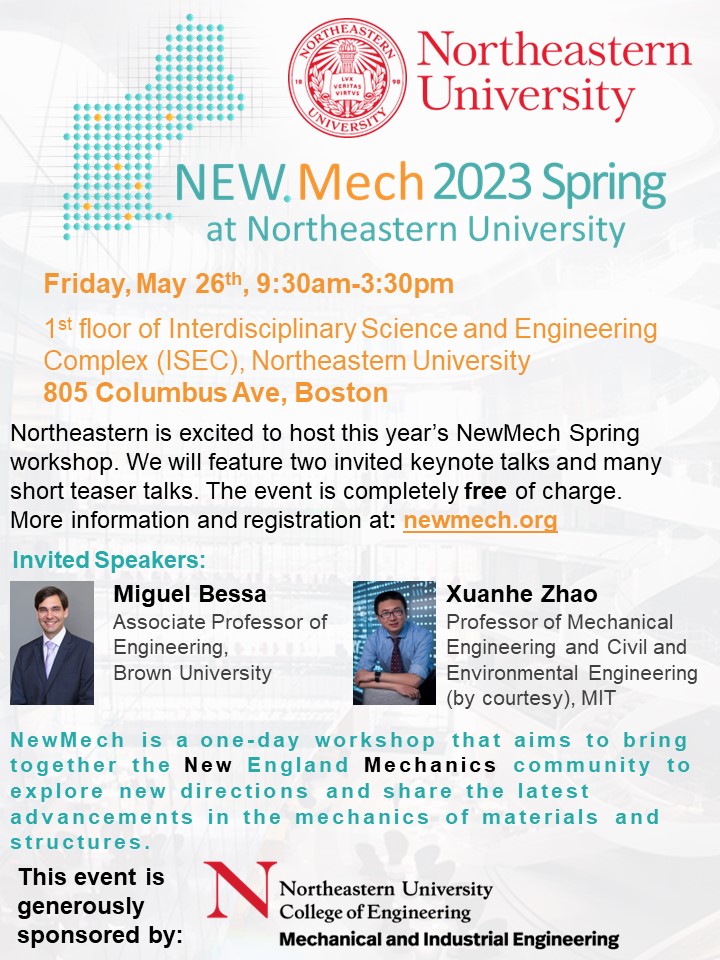 Please RT. NewMech is back! Join this annual event featuring excellent invited speakers (<a href="/MiguelABessa/">Miguel A. Bessa</a> <a href="/brownengin/">Brown Engineering</a> and <a href="/ProfZhaoMIT/">Xuanhe Zhao</a> <a href="/MITMechE/">MIT MechE</a>) and teaser talks on mechanics and materials, this year hosted by <a href="/Northeastern/">Northeastern U.</a>. The registration and abstract submission are open now.