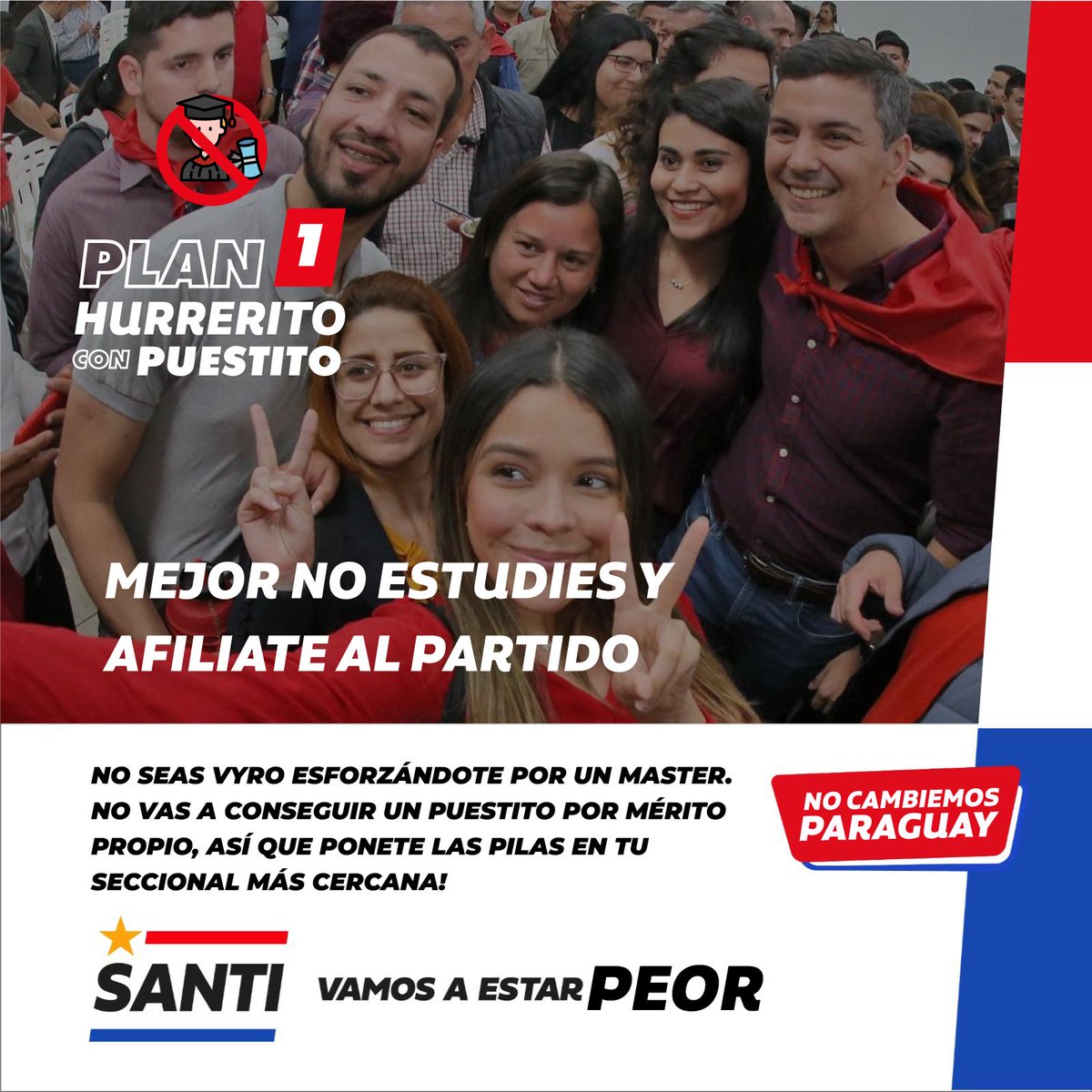 alvaroferreirax's tweet photo. Contigo se puede construir un país sin futuro. No seas el orgullo de tu familia y sumate al equipo de @SantiPenap que nos trae una propuestra transversal contra la educación, las oportunidades para todos y la juventud paraguaya. ¡Juntos vamos a estar Peor! #YoTePropongo https://t.co/GW2bPiMM8E
