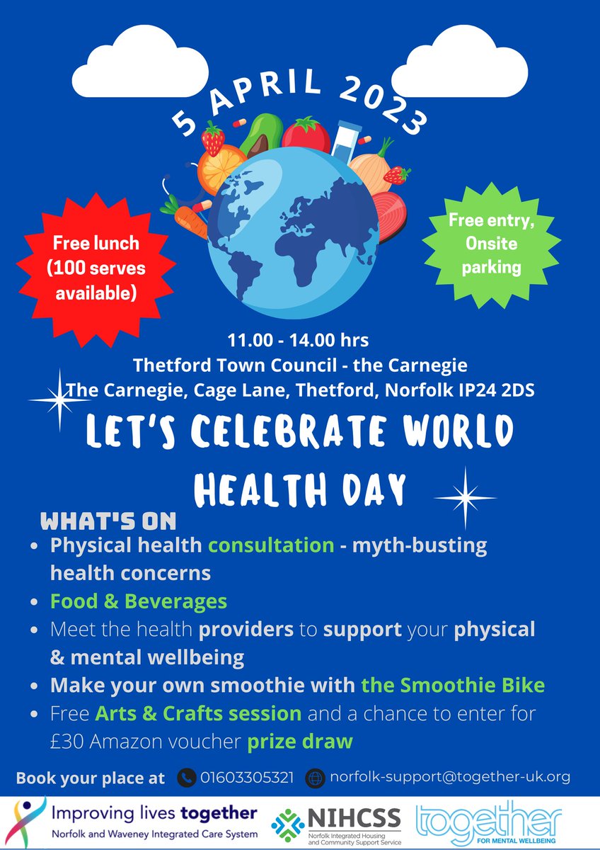 MensCraft's Steve Hunt will be at Let's Celebrate #WorldHealthDay23 this Wednesday in #Thetford.

Come & find out about the services we offer in the area & beyond for #MensHealth & #Wellbeing.

Thanks to @nandwics
@nihcssMH @TogetherMW 🙌