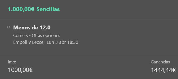 AnonymousBets_'s tweet photo. Pronostico 03/04/2023📷17:26
Serie A - Empoli vs Lecce
18:30 CET
 Menos de 12 corners
STAKE 1
BET365

En TELEGRAM el pronostico entero 📷
 https://t.co/7mPHdne7WT

#apuestasdeportivas #abets #LaLigaSantander #ligue1 #everton #Tottenham #ligasmartbank #premierleague https://t.co/oVYX9zHYaD