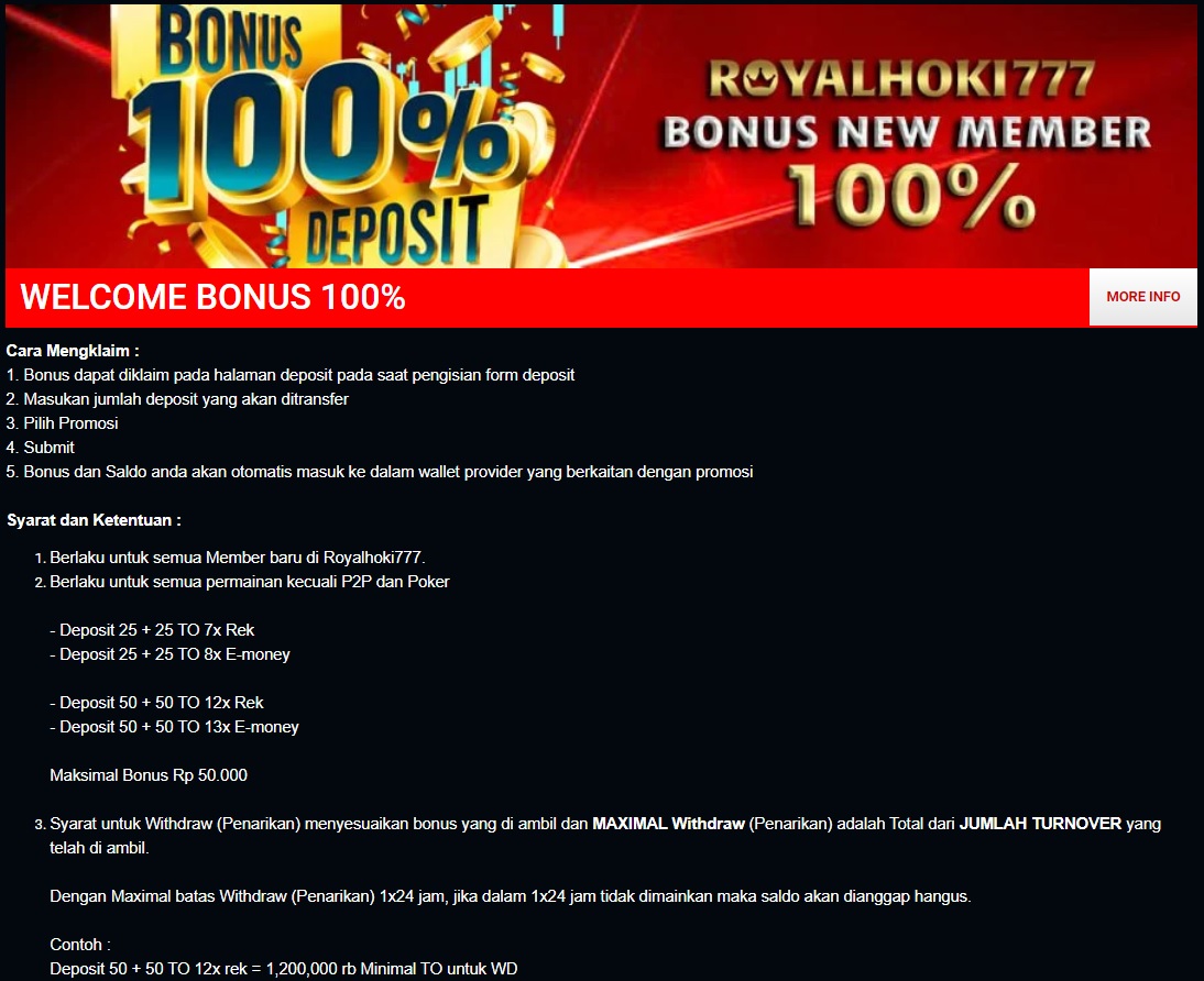 ROYALHOKI777 WELCOME BONUS 100%