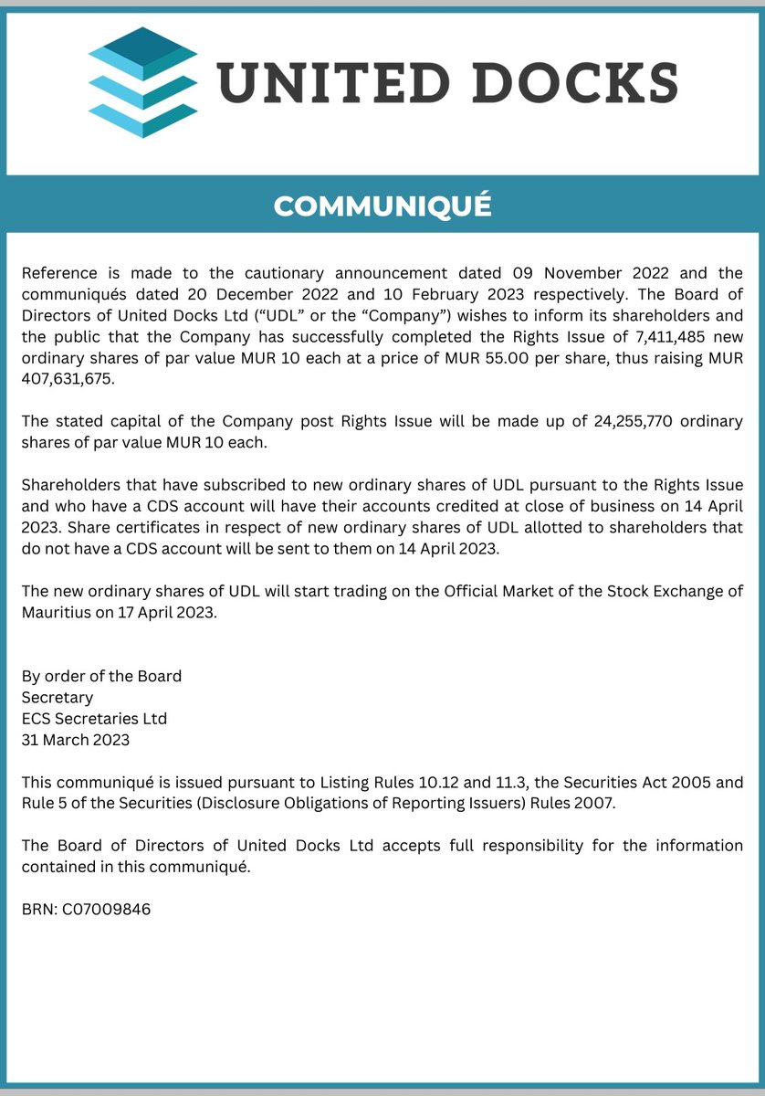 NPandea's tweet photo. United Docks successfully completed a Rights Issue of MUR 407.6 Million. The new ordinary shares will be listed on the Stock Exchange of Mauritius on 17 April 2023. https://t.co/f10jc573WK