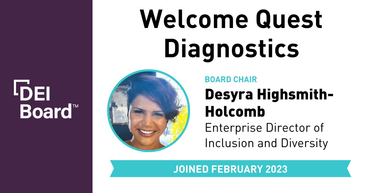 DEIBoard's tweet image. We recently welcomed @QuestDX into our #community for senior #DEIleaders. Their membership is led by Board Chair and Enterprise Director of Inclusion and Diversity Desyra Highsmith-Holcomb. We&apos;re looking forward to your contributions to the #DEIBoard!