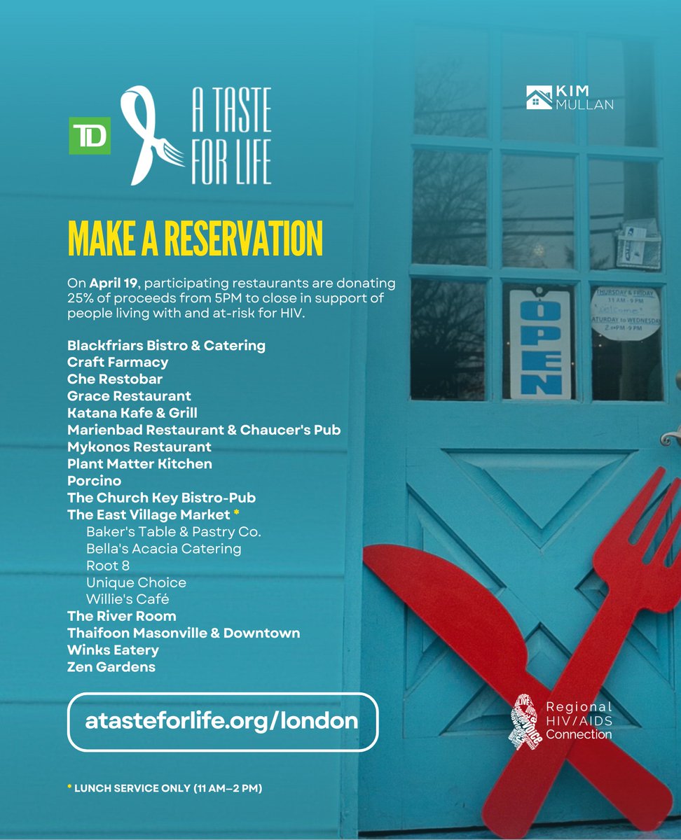 #ATasteForLife returns to London-area restaurants on Wednesday, April 19 in support of <a href="/hivaidsconnect/">Regional HIV/AIDS Connection</a>: atasteforlife.org/london