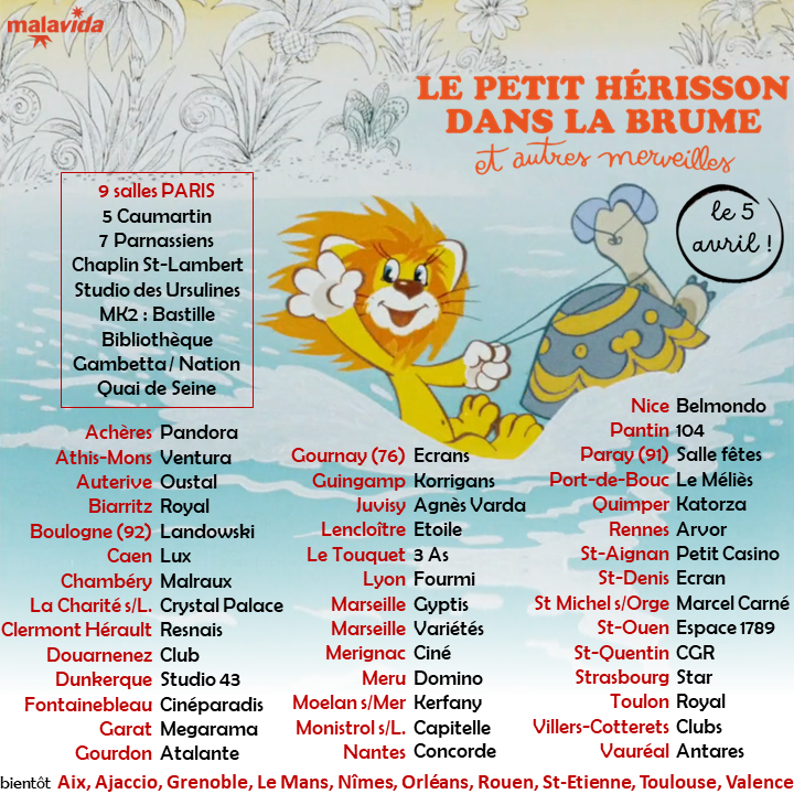 Malavida_Films's tweet photo. 🌊#lepetithérissondanslabrume et autres merveilles surfe sur la vague du succès ! 

Voici la liste des salles du 5 au 11 avril 👇 https://t.co/0yiPAxGKPu