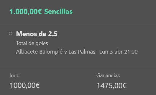 AnonymousBets_'s tweet photo. Pronostico 03/04/2023📷
📷2ª DIV - Albacete vs Las Palmas
📷21:00 CET
📷 Menos de 2.5 goles
📷STAKE 1
📷BET365

En TELEGRAM el pronostico entero  https://t.co/7mPHdne7WT

#apuestasdeportivas #abets #LaLigaSantander  #ligue1 #everton #Tottenham #ligasmartbank #premierleague https://t.co/SpE33yIOjY