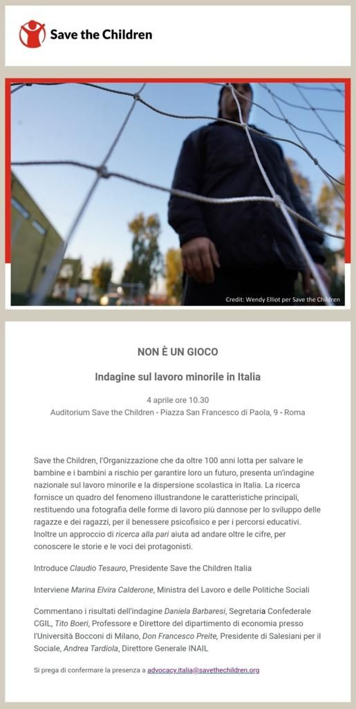 SaveChildrenIT's tweet photo. Si terrà domani l’evento di presentazione del nostro nuovo report “Non è un gioco”, un’indagine sul #lavorominorile e sulla dispersione scolastica in Italia che fornisce un quadro di questi fenomeni nel nostro Paese attraverso dati e testimonianze.  #noneungioco https://t.co/rxNjGMUgOn