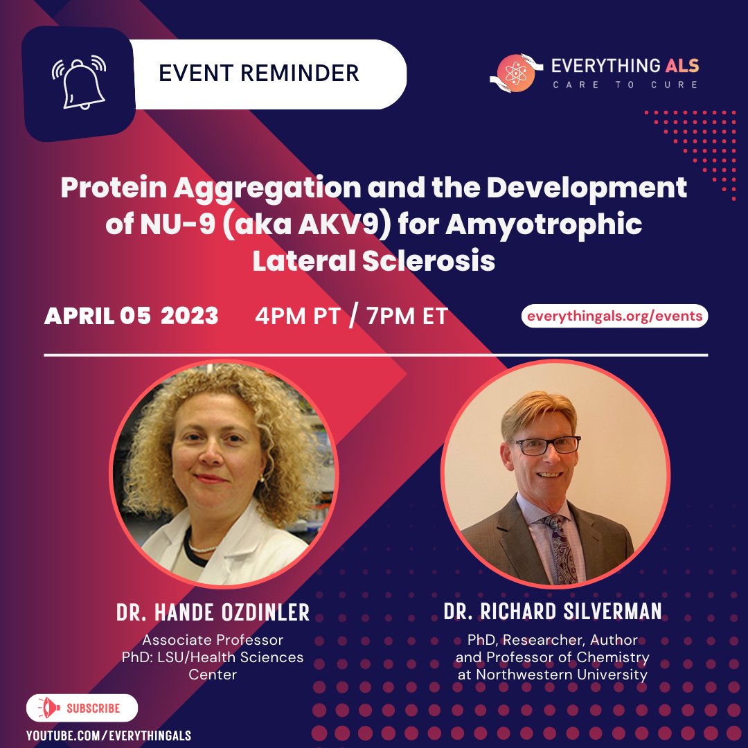 everything_als's tweet photo. We are excited for our next #ALSExpertTalks with Dr. Hande Ozdinler and Dr. Richard B Silverman
April 5th 2023,(4 PM PT | 7 PM ET )
Register: https://t.co/4IgULUega3
Hope to see you there!
#ALS#ALSTalk#EverythingALS https://t.co/8jSkF6QoWb