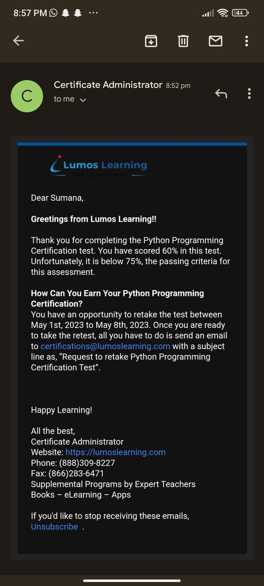 sumanastweet's tweet image. Gave a random try on @LumosLearning ..
Unfortunately failed based on criteria required.. 😐
No matter I will keep on trying 😁✌🏻
#pythonprogramming 
#lumosleadning
#pythoncertification