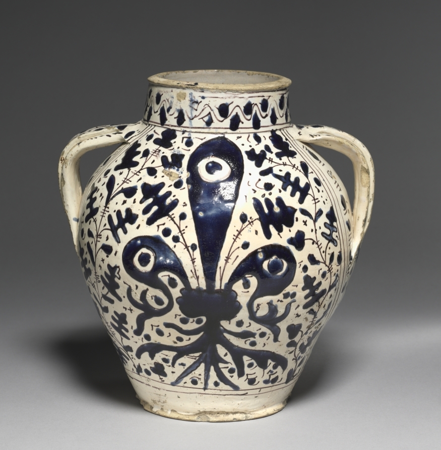 Giunta di Tugio, Two-Handled 'Oak Leaf' Pharmacy Jar with Fleur-de-Lys, c. 1430-1450 #cmaopenaccess #clevelandartmuseum clevelandart.org/art/1943.391