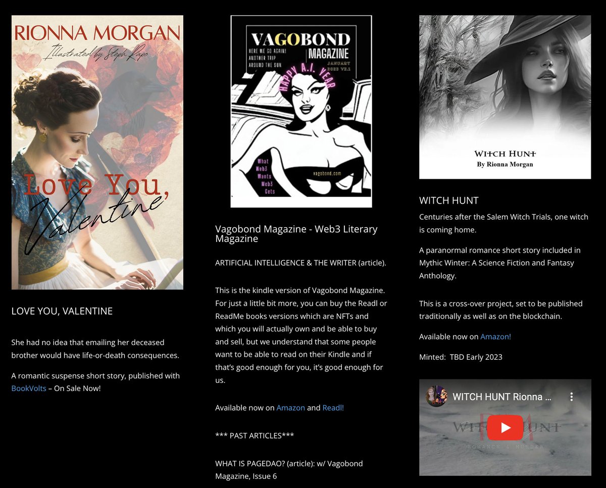 AcademicNFTCon's tweet photo. 3/3 ⬇️
Rionna Morgan's #Literary work for @Vagobond_Mag, Love You Valentine on @BookVolts, and Witch Hunt on @amazon. #LiteraryWeb3 #Web3Writer https://t.co/P0HjlOA9h2