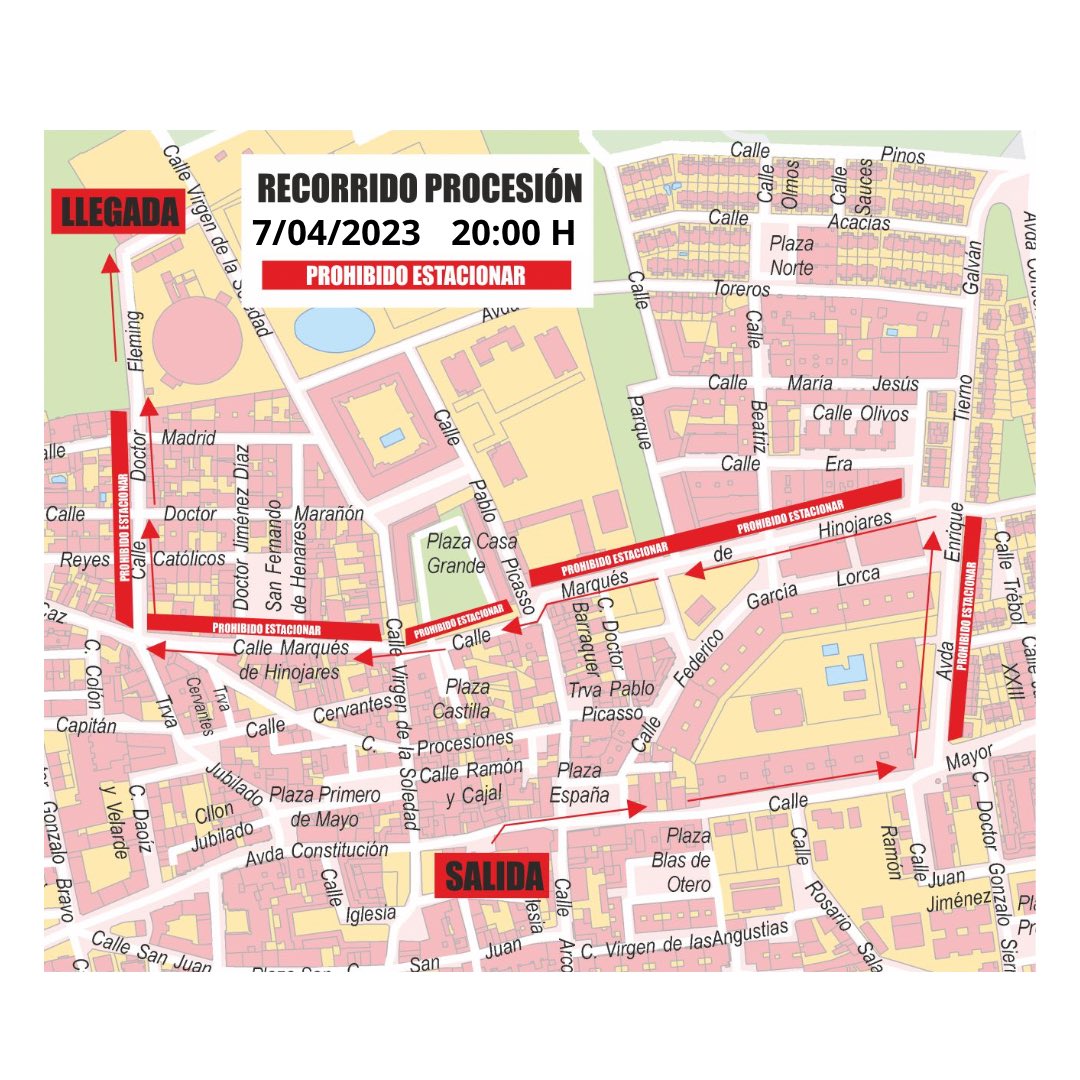Para información de todos los usuarios de la vía pública, este será el recorrido como todos los años de una de las procesiones previstas para Semana Santa. Es importante fijarse en las señales del recorrido para tener en cuenta el comienzo y final de la prohibición.