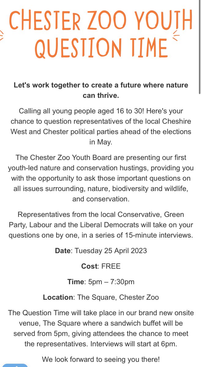 izzy_cook8's tweet image. 🍃Youth Question Time🍃

Date: 25th April
Cost: FREE
Time: 5pm - 7:30pm
Location: @chesterzoo 

16-30 years old? Sign up to question Local Election candidates in a nature &amp;amp; conservation hustings -  in The Square at #ChesterZoo

Sign up:
shop.chesterzoo.org/events/chester…