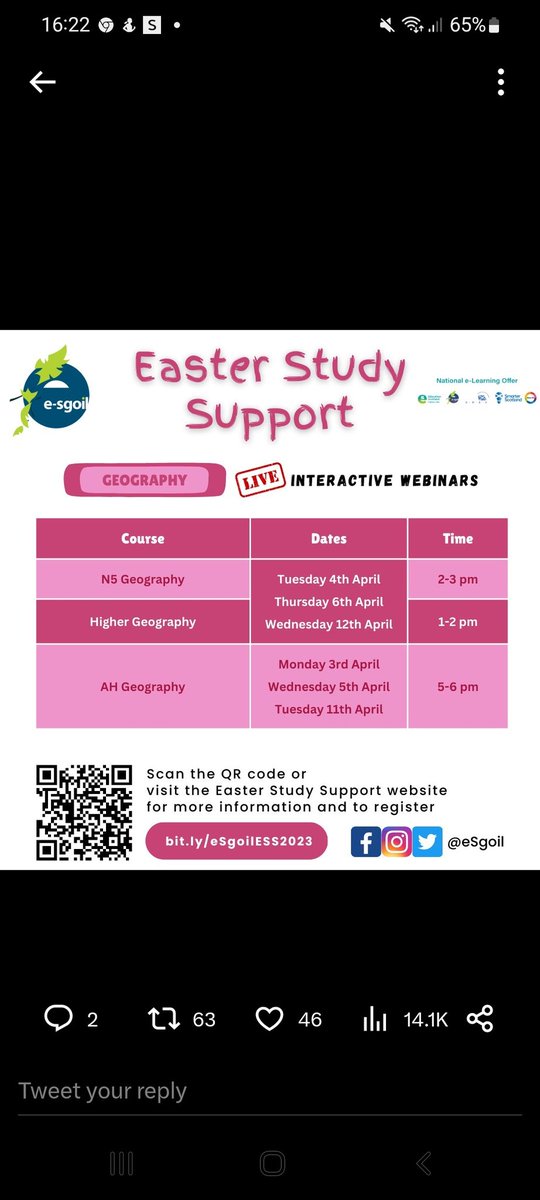 Great work this morning from our N5 geographers. 👏
Next supported study is Wed 12th April 10am - 1pm for N5 &amp; H. 
You may also wish to sign up for the webinars below to help support your studying.
