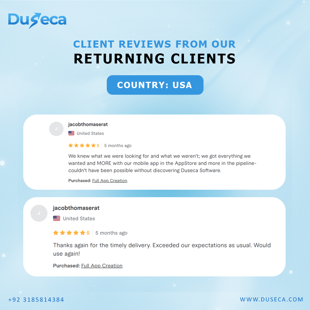 Check out the reviews from satisfied Clients of Duseca software, a Software company worth considering!

.

.

#dusecasoftware #appdevelopment #mobileapp #appdesign #softwaredevelopment #flutter #iOsapp #androidapp #webdevelopment #mobileapp #reviews #satisfiedclients