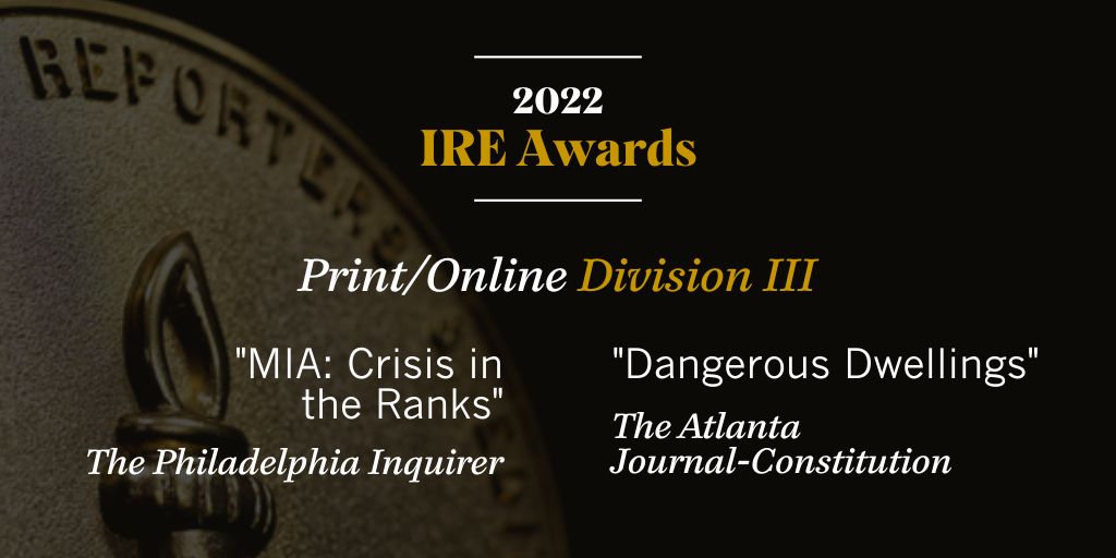 The Print/Online Division III Award goes to <a href="/PhillyInquirer/">The Philadelphia Inquirer</a> and <a href="/ajc/">Atlanta Journal-Constitution</a>. In "MIA: Crisis in the Ranks," <a href="/PhillyInquirer/">The Philadelphia Inquirer</a> exposed how Philadelphia police officers abused a state disability benefit to take leave while the city experienced record levels of gun violence. #IREAwards (1/2)