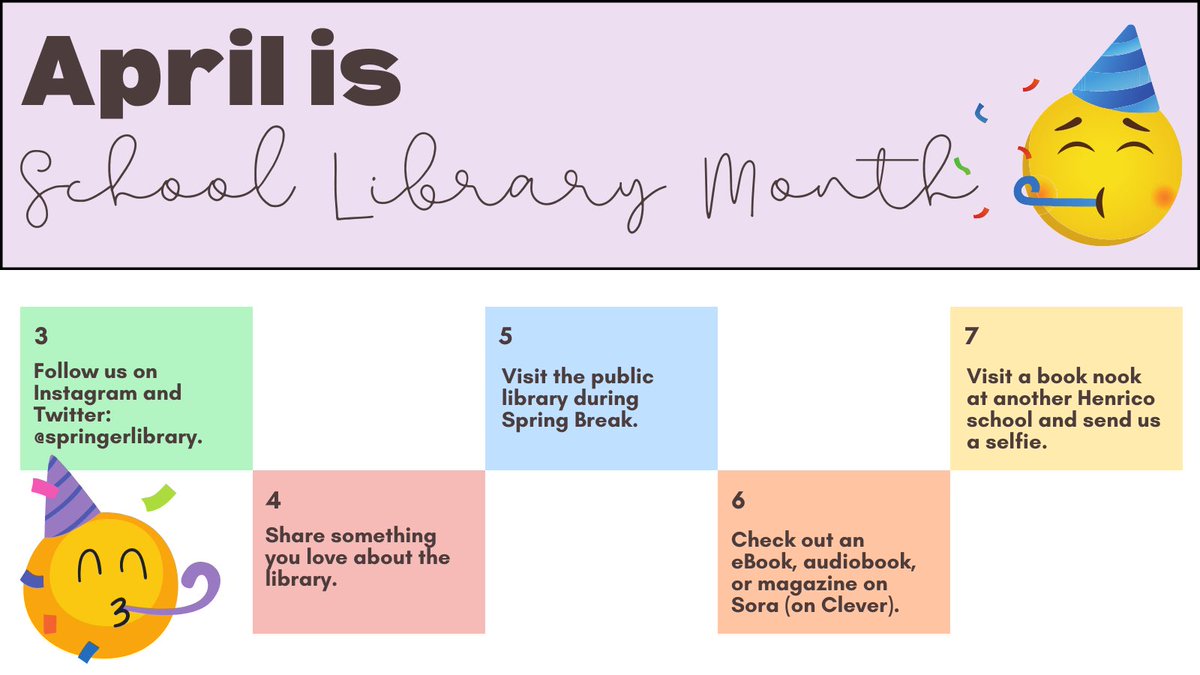 HSHS Library (@springerlibrary) on Twitter photo April is School Library Month! Even though it’s Spring Break, we’re celebrating EVERY day this month with a challenge, activity, or giveaway! This week’s items can all be done outside of the school building. <a href="/hcpslib/">HCPS Libraries</a> <a href="/HSHS_Principal/">Kenneth White Ed.D.</a> <a href="/WeAreHSHS/">We Are HSHS</a> April is School Library Month! Even though it’s Spring Break, we’re celebrating EVERY day this month with a challenge, activity, or giveaway! This week’s items can all be done outside of the school building. <a href="/hcpslib/">HCPS Libraries</a> <a href="/HSHS_Principal/">Kenneth White Ed.D.</a> <a href="/WeAreHSHS/">We Are HSHS</a>