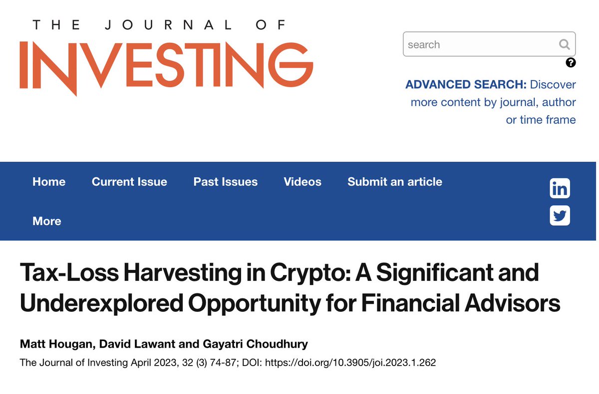 Excited today to publish "Tax Loss Harvesting in Crypto: A Significant and Underexplored Opportunity for Financial Advisors" with <a href="/dlawant/">David Lawant</a> and <a href="/GayatriPC_/">Gayatri</a> in The Journal of Investing.