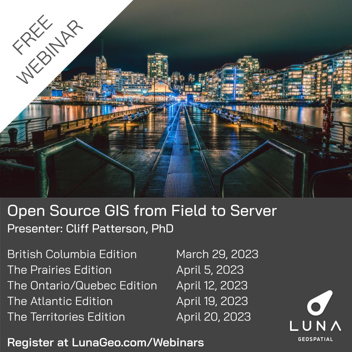 It's another webinar week! Open Source GIS from Field to Server presented by Cliff Patterson (@cliffpat ) continues this week with our Prairies Edition this Wednesday, April 5 at 2pm EDT. Registration is still open, sign up now at lunageo.com/webinars/