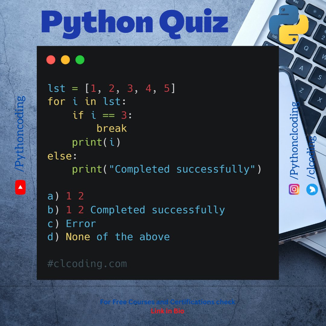 clcoding's tweet image. Python Quiz | Day 68 | What is the output of following Python code ?

Complete Playlist : bit.ly/3GLnZPy