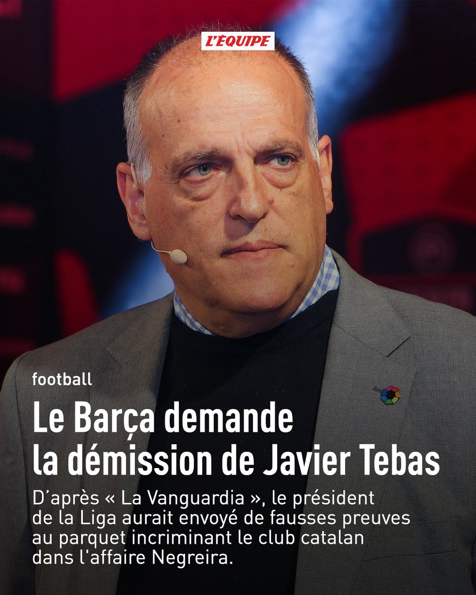 Le FC Barcelone a demandé la démission de Javier Tebas, quelques heures après les révélations de La Vanguardia, selon lesquelles le patron du football espagnol aurait envoyé de fausses preuves au parquet incriminant le club catalan dans l'affaire Negreira. ow.ly/12Mj50NyRjE