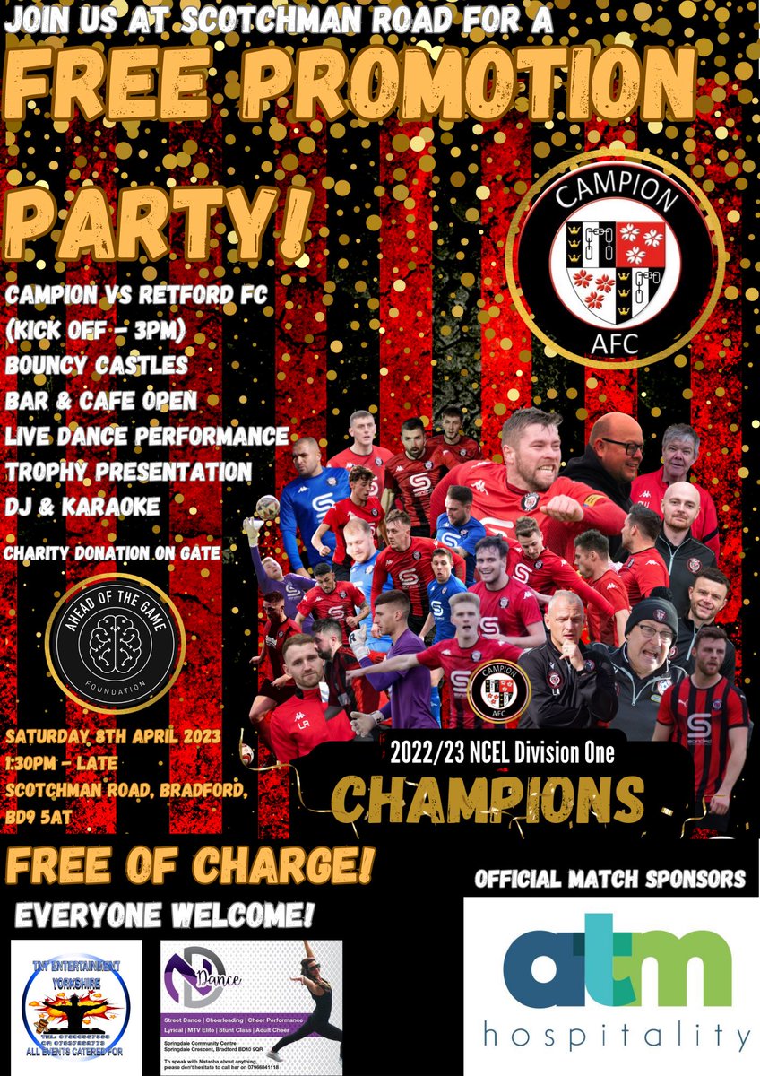 𝙋𝙍𝙊𝙈𝙊𝙏𝙄𝙊𝙉 𝙋𝘼𝙍𝙏𝙔! 🍾🎉🏆

‼️ 𝗣𝗟𝗘𝗔𝗦𝗘 𝗥𝗧 ‼️

Join us 𝗧𝗛𝗜𝗦 𝗦𝗔𝗧𝗨𝗥𝗗𝗔𝗬 to celebrate our promotion and for a 𝗙𝗔𝗠𝗜𝗟𝗬 𝗙𝗨𝗡 𝗗𝗔𝗬 in what will be a day to remember! 🙌

🎟️ 𝗙𝗥𝗘𝗘 𝗔𝗗𝗠𝗜𝗦𝗦𝗜𝗢𝗡
⏰ 1:30pm onwards

#𝙒𝙚𝘼𝙧𝙚𝘾𝙖𝙢𝙥𝙞𝙤𝙣🔴⚫️