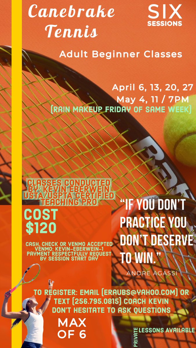 CanebrakeClub's tweet image. BEGINNING THIS WEEK!

🎾 Kids After-School Tennis – Tuesday, April 4th
🎾Adult Beginner Tennis – Thursday, April 6th
🎾 Ladies Tennis – Friday, April 7th

Email or text Coach Kevin Eberwein for questions:
eraubs@yahoo.com • 256-795-0815