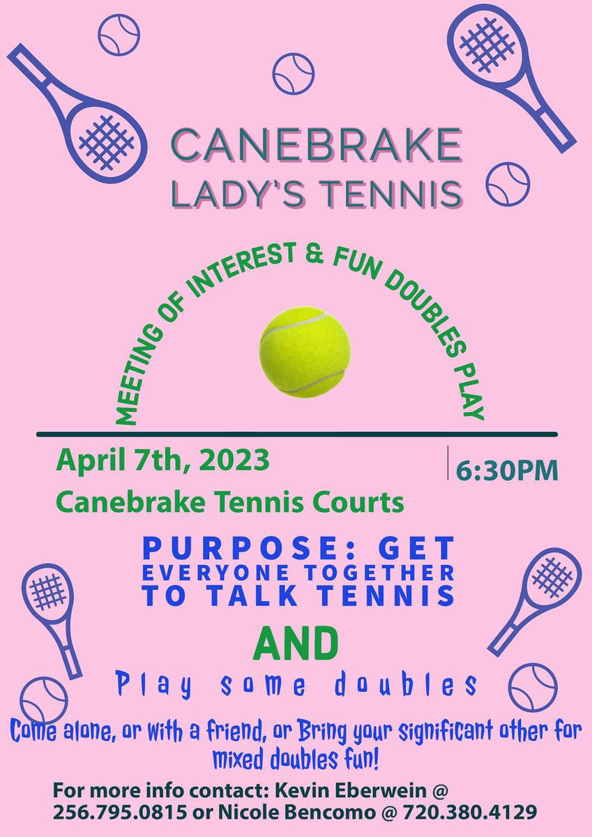 CanebrakeClub's tweet image. BEGINNING THIS WEEK!

🎾 Kids After-School Tennis – Tuesday, April 4th
🎾Adult Beginner Tennis – Thursday, April 6th
🎾 Ladies Tennis – Friday, April 7th

Email or text Coach Kevin Eberwein for questions:
eraubs@yahoo.com • 256-795-0815