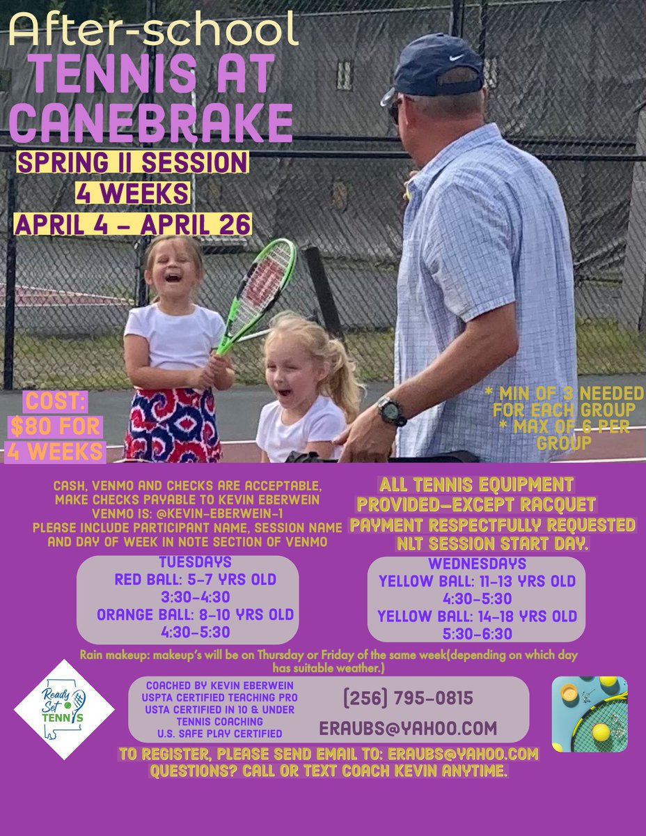 CanebrakeClub's tweet image. BEGINNING THIS WEEK!

🎾 Kids After-School Tennis – Tuesday, April 4th
🎾Adult Beginner Tennis – Thursday, April 6th
🎾 Ladies Tennis – Friday, April 7th

Email or text Coach Kevin Eberwein for questions:
eraubs@yahoo.com • 256-795-0815