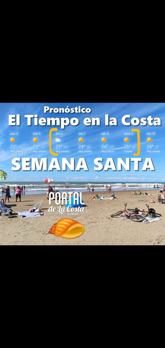 Pronóstico del tiempo para la Costa !!!
SEMANA SANTA !!!
Actualizado hoy !!
Día 6 nublado, 7, 8 y 9, soleados ☀️y las temperaturas rondarán entre 23ºC y 25ºC ( ver gráfico )
Donde alojarte !
👇
Hoteles, cabañas y alquileres 🛡️ verificados 
🌎 portaldelacosta.com.ar