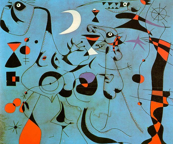 Figure at Night Guided by the Phosphorescent Tracks of Snails, 1940 #joanmiro #surrealism wikiart.org/en/joan-miro/f…
