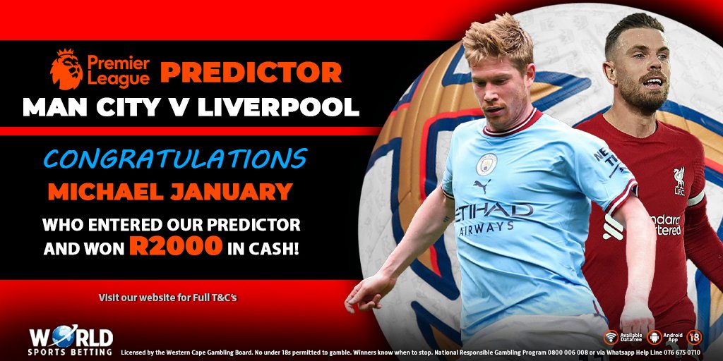 WorldSportsBet's tweet photo. #Predictor! πβ½π
And the winner is...
CONGRATS to Michael January who correctly predicted the 90 Min Score in the #MANCITY vs #LIVERPOOL Game and won R2000 in CASH!
Thank you to everyone who entered. Next Predictor coming soon!
#WinningWithWSB #BetWithTheBest #PeoplesBookie https://t.co/h51o2j6kXH