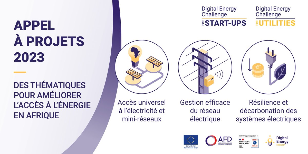 AFD_France's tweet photo. #DigitalEnergyChallenge #AppelAProjets 

Des thématiques ciblées pour soutenir la #TransitionEnergétique &amp; un meilleur accès à l’#énergie en #Afrique !
Votre projet répond à l’une d’entre elles ?

⏰Candidatez avant le 15/05👉https://t.co/FtXiwFc6uV
#AFDxUE #DigitalEnergyFacility https://t.co/AeB3ACCKAz