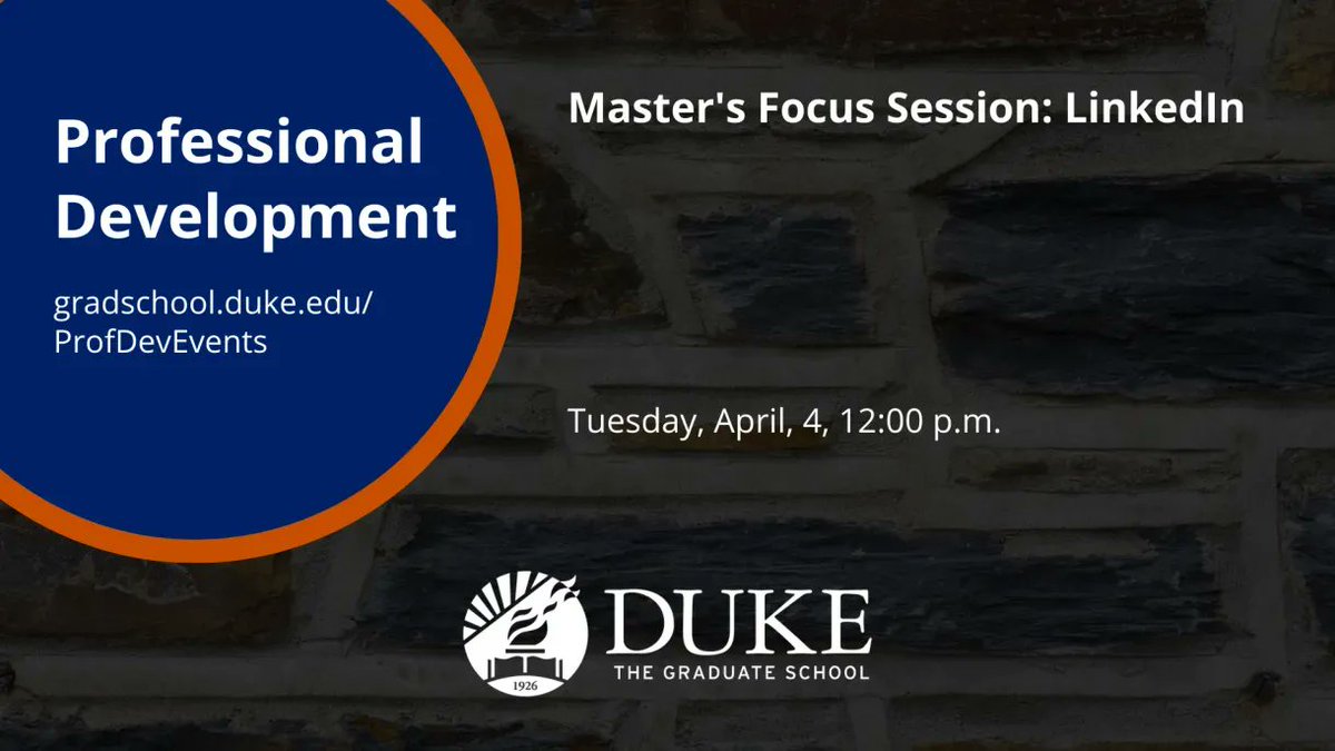 DukeGradSchool's tweet photo. Starting tomorrow (4/4) for master's students: Join a two-day online workshop on how to use LinkedIn effecitvely to boost your job search and build your network. https://t.co/bAw1WgnhKG #GradProfDev https://t.co/0SYTNkUxb4