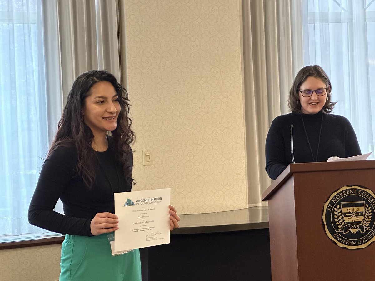 stritchu's tweet photo. Congratulations to senior Nursing major Yareli Suarez who received the Wisconsin  Institute for Peace and Conflict Studies Student Activist award last  week. Yareli was recognized for her participation in campus and  community activities that promote peace and justice. https://t.co/32I5KKOQCy