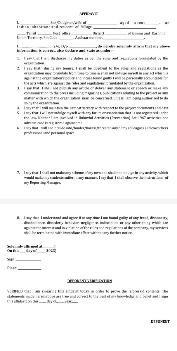 JKVTWA's tweet photo. Without knowing the rules and regulations of a company, we are forced to get these affidavits signed by first class magistrate. Is this constitutional? New offer letters wll be provided to only those who wll submitt them. We hv never thought that such things wl happen or b approved under the able governance of @OfficeOfLGJandK . We welcome all the legal conditions,but there are some conditions that are against the basic fundamental rights of the largest democracy of the world.