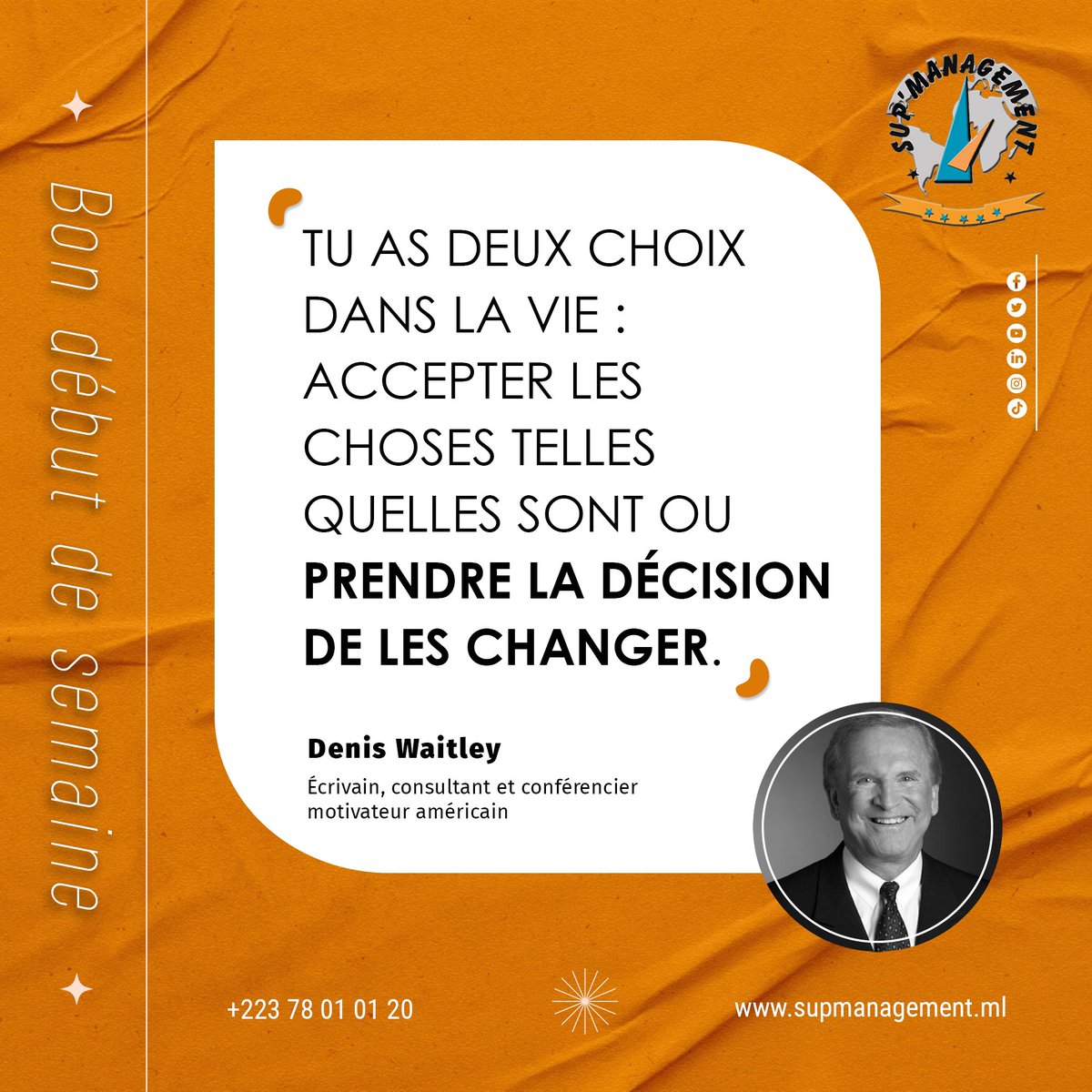 supmali's tweet photo. Bon début de semaine à tous !
#quotes #citation #penseepositive #penseedujour #quoteoftheday #motivation #debutdesemaine #lundi #lundimotivation #supmanagement #Mali https://t.co/1UwO3R173W