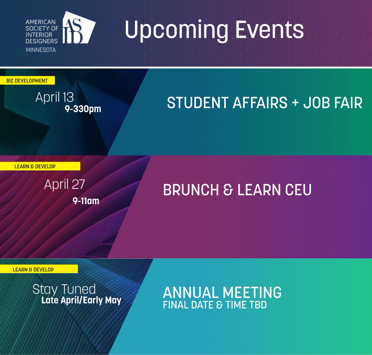 ASID_Mn's tweet image. ☔April showers bring May Flowers and ASID MN brings events!

From an exciting brunch and learn CEU to a fun-filled student event, we've got something for everyone this month.  

mn.asid.org/events/

#AsidMN #AprilEvents #StudentAffairs #interiordesign