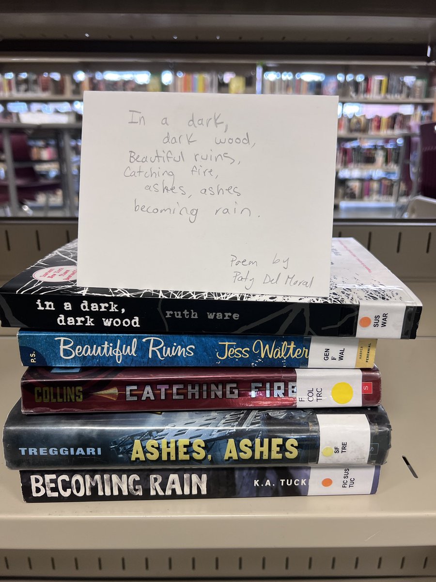 RNDLearnCommons's tweet photo. April is poetry month!  Thanks to our grade 12 Writer’s Craft students who created some intriguing book spine poems for us this morning! https://t.co/COTXQQx6lx