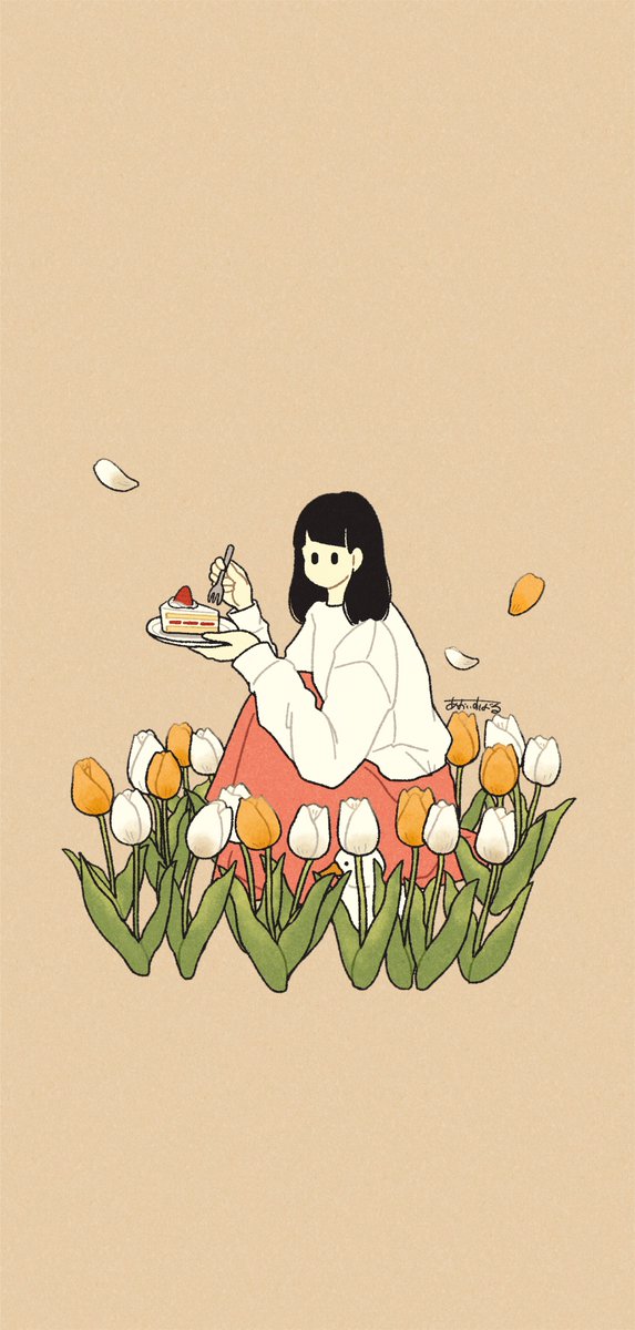 1girl flower solo white flower black hair food long sleeves  illustration images
