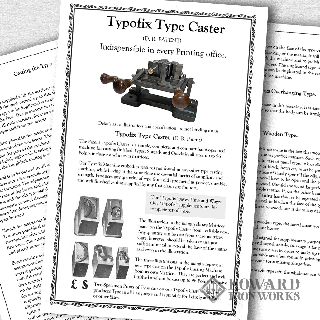 HowardIronWorks's tweet photo. Out of sorts? Never again with #Typofix Type Caster. The Patent Typofix Caster is a simple, complete, compact hand-operated machine for casting finished type, spreads & quads in all sizes up to 96 pts inclusive & in their #matrices. #printinghistory #printingmuseum #leadtype https://t.co/3rvGL4nhHl