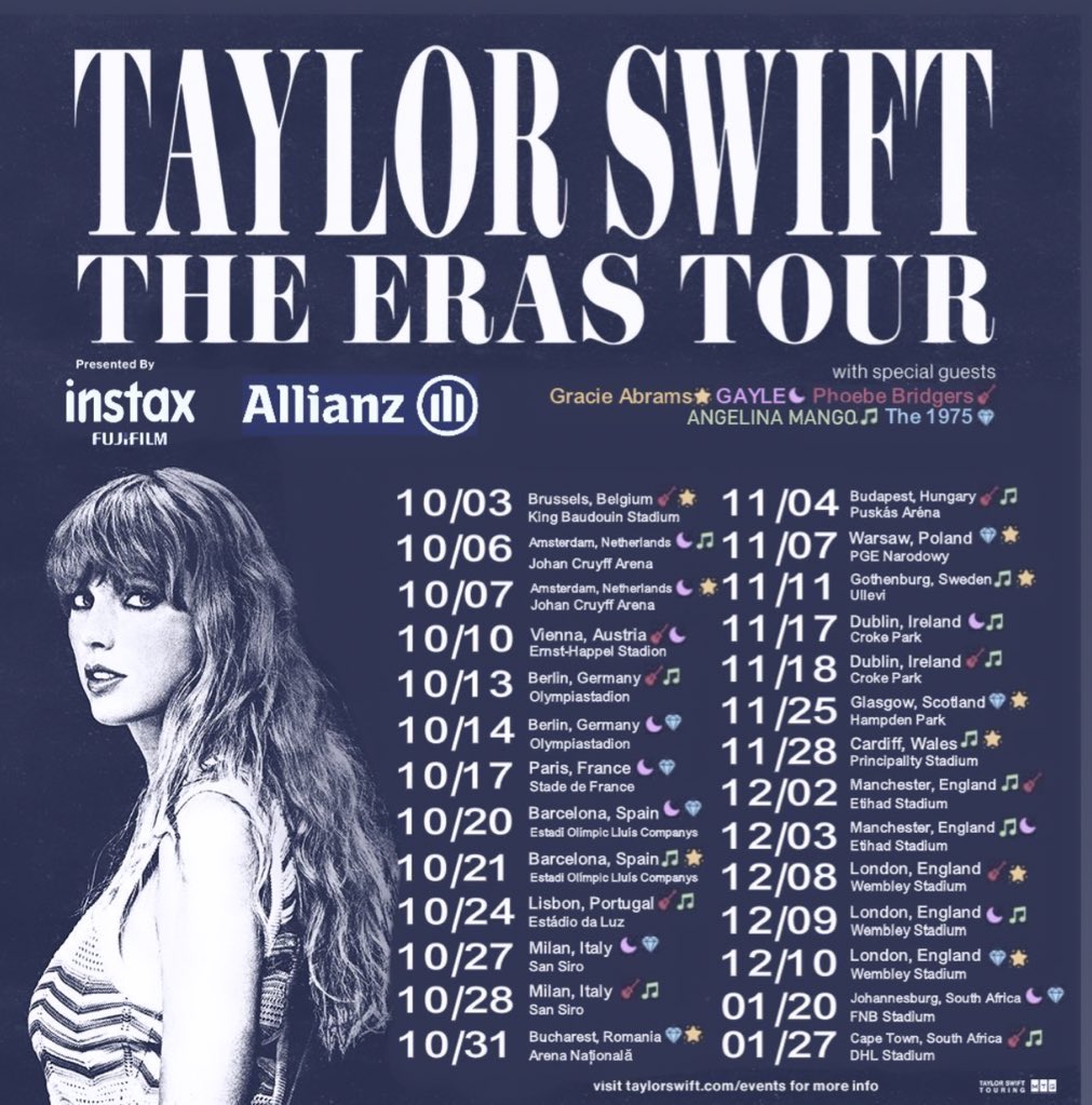 🚨| international dates for @TaylorSwift13's “The Eras Tour” leaked !!

— Angelina Mango is the new special guest and will open some international dates including Milan her hometown.

#TheErasTourTS #TSTheErasTour  #internationaldates